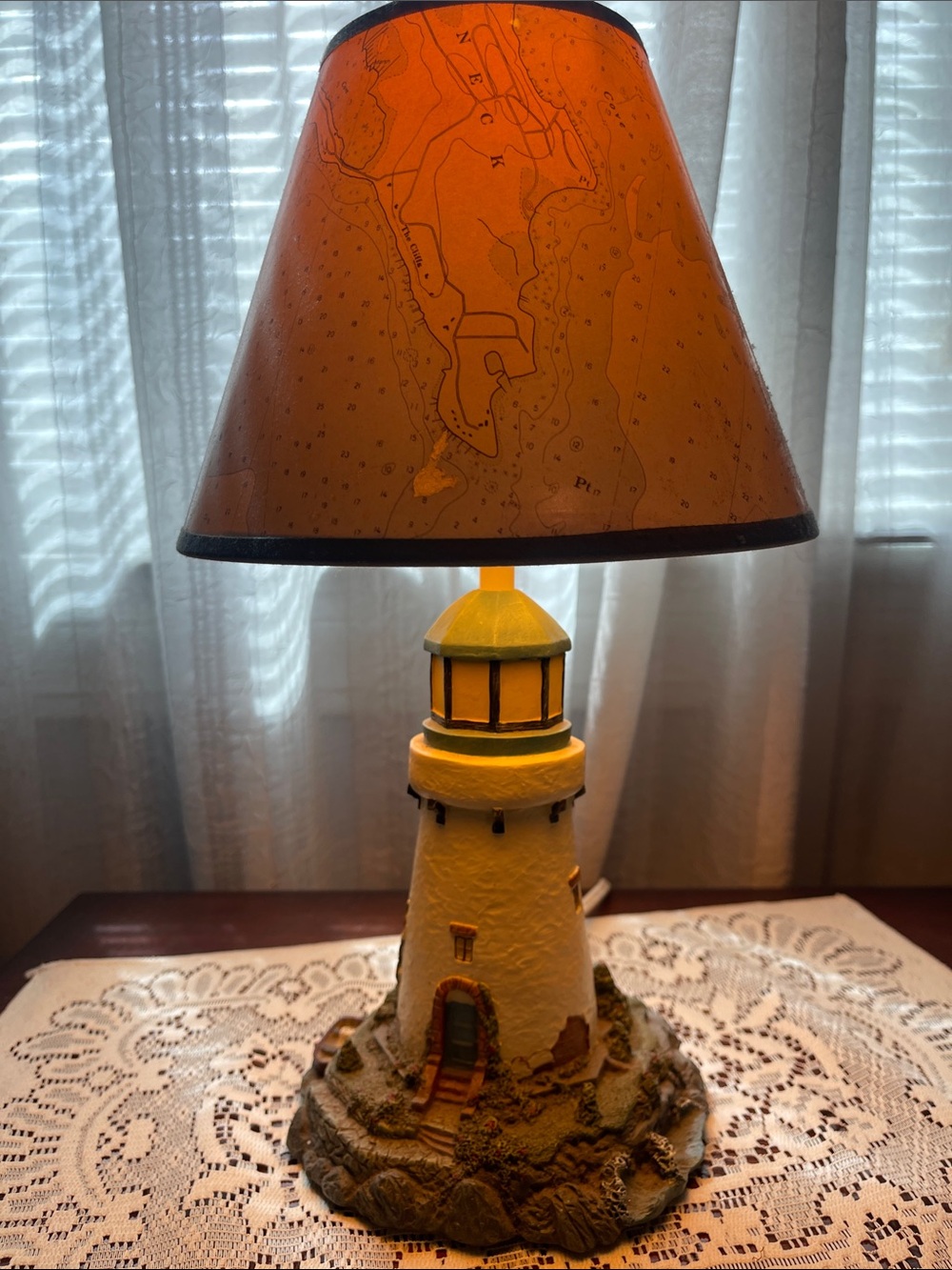 Nautical Lighthouse Table Lamp with Map Shade - White & Blue